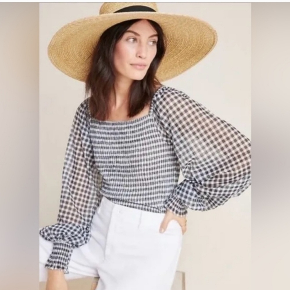 Anthropologie Rouen Gingham Balloon Sleeve Top